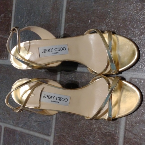 Jimmy Choo Gold mirror open toe strappy cross over sling back sandal heel 38 - Picture 10 of 10